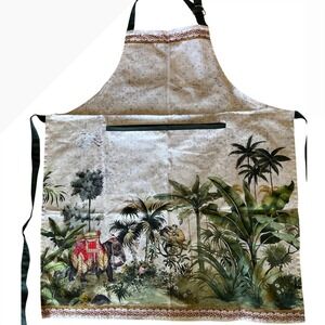Bouchara Vintage 90s Linen Apron Tropical Jungle Elephant Monkey Napa Valley